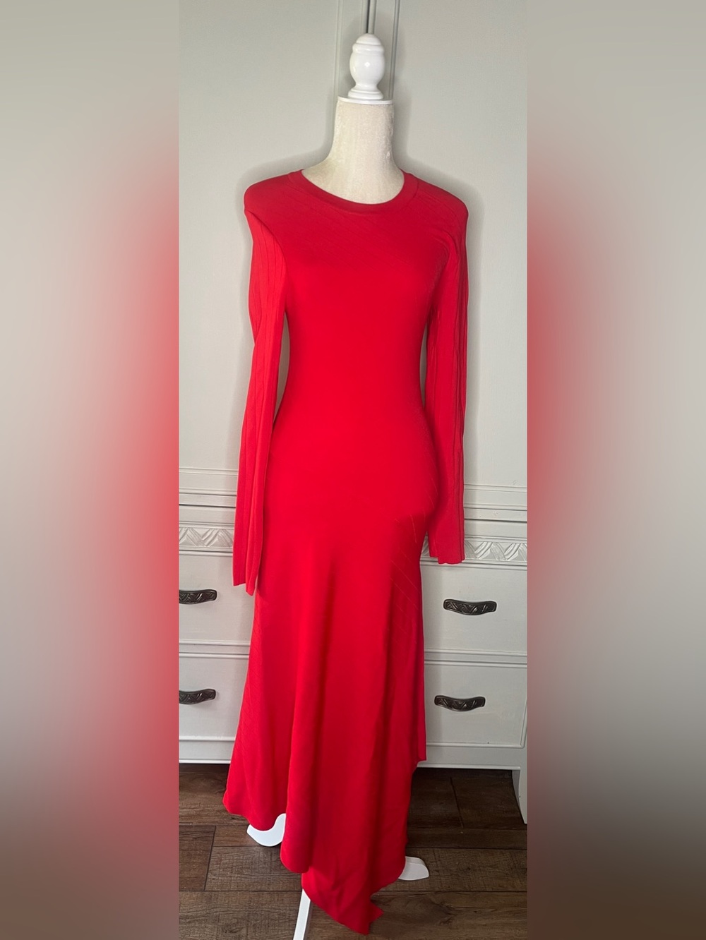 Fabulous flattering long asymmetrical stretchy red sweater dress